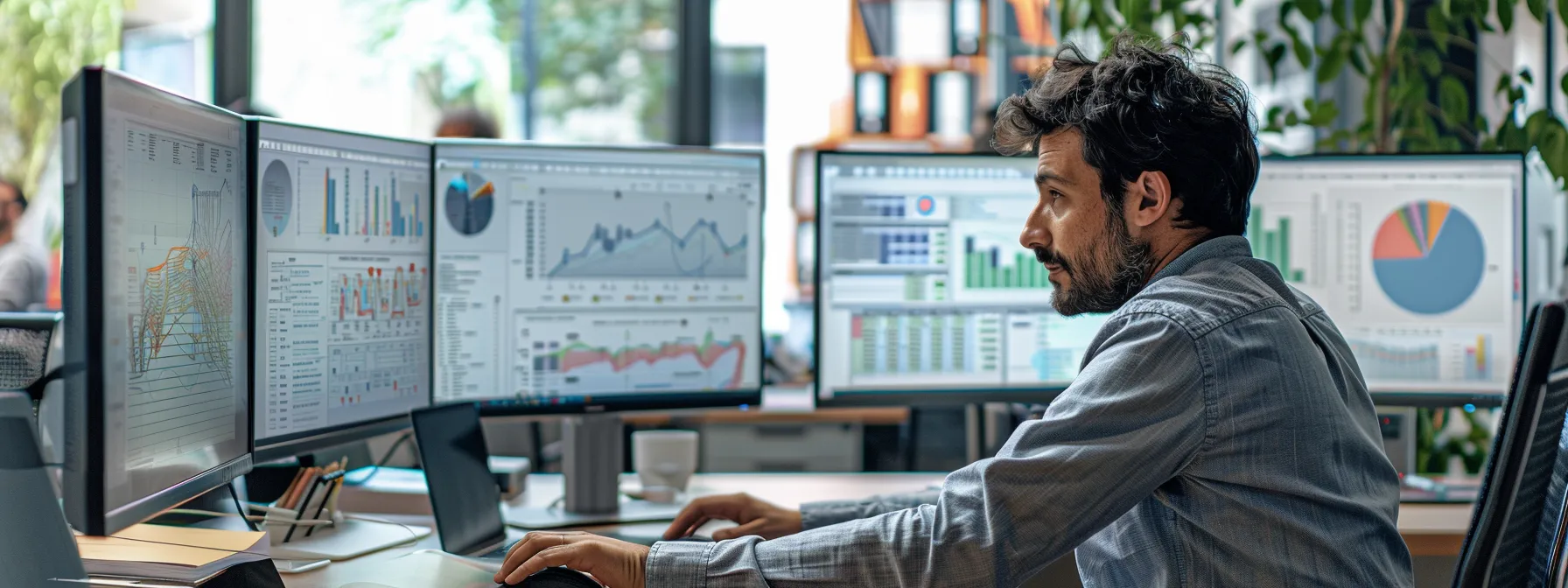 architects analyzing seo data on computer screens in a modern office setting.