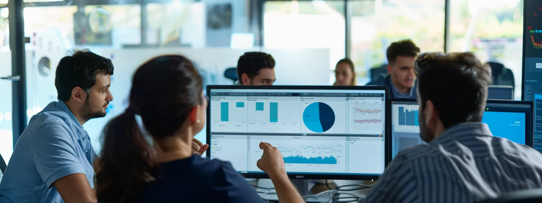 a group of people gathered around a computer screen, analyzing social media analytics and discussing targeted advertising strategies.