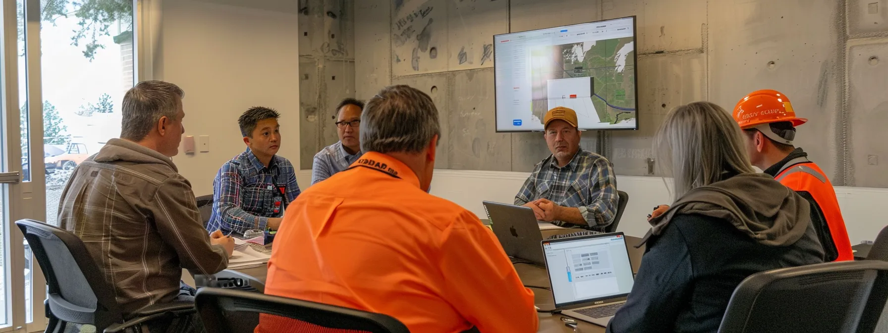 a group of builders discussing keywords and online strategy in a conference room.