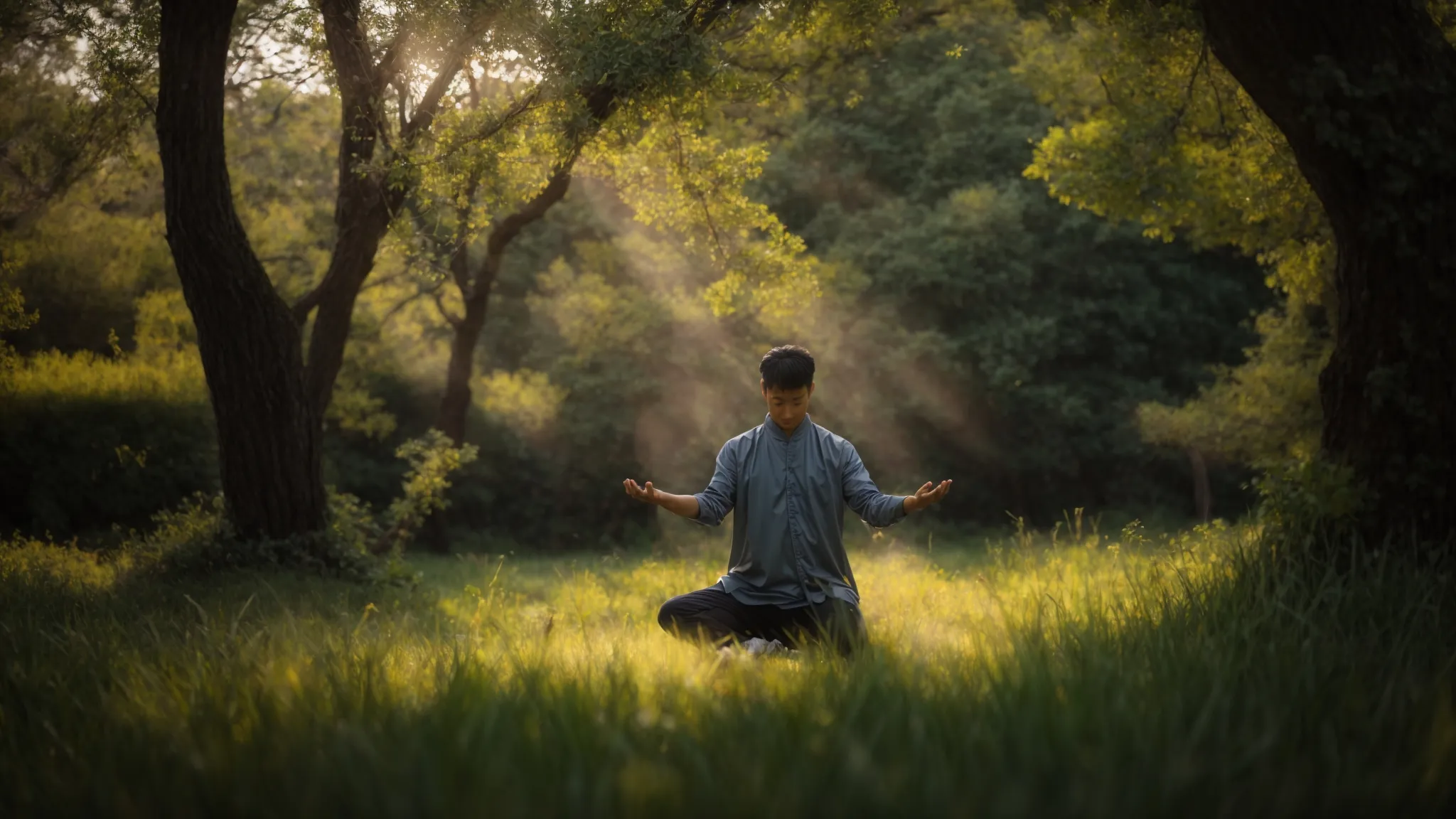 a person practicing qigong outdoors surrounded by nature, visualizing positive outcomes to improve emotional resilience and reduce stress.