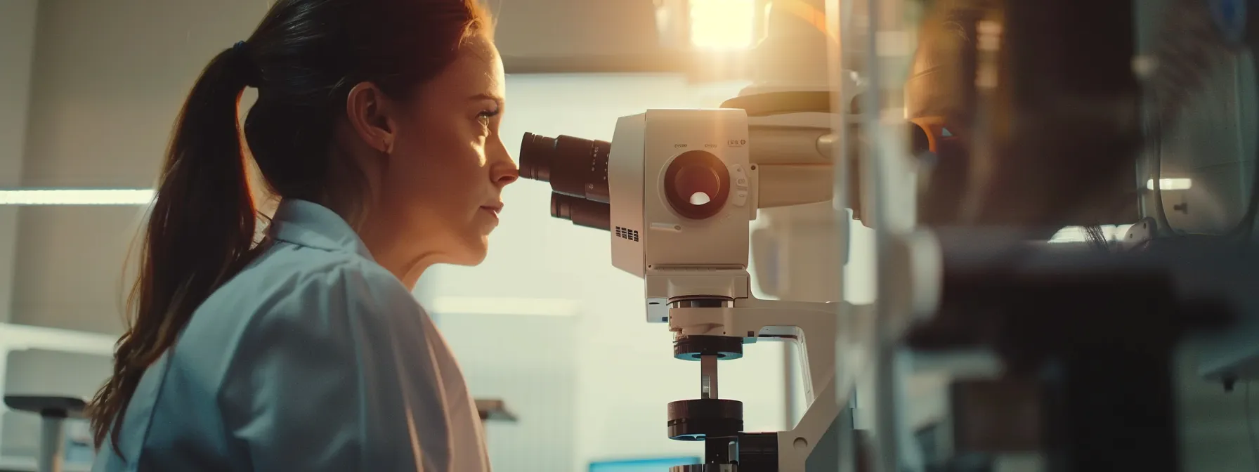 an optometrist examining a patient's eye with a magnifying lens.