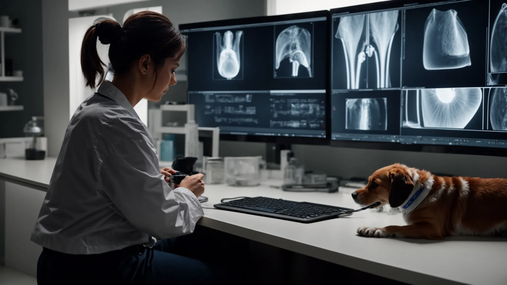 a veterinarian showing a pet owner x-rays of their pet's orthopedic surgery.