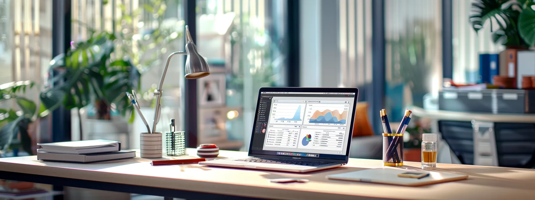 a laptop displaying a detailed seo analysis report on a desk in a bright office setting in melbourne, fl.