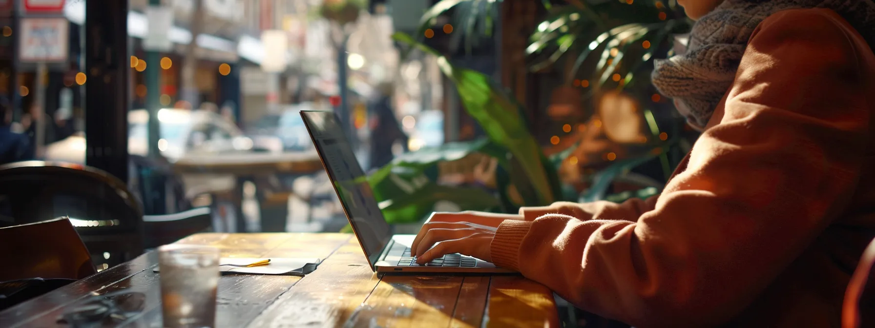 person typing on a laptop in a trendy melbourne cafe.