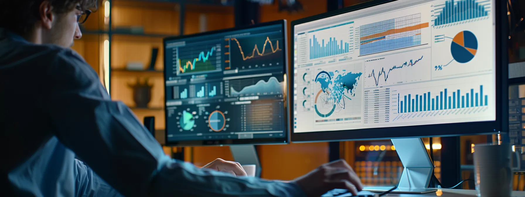 a person analyzing data on a computer screen with various graphs and charts displayed.