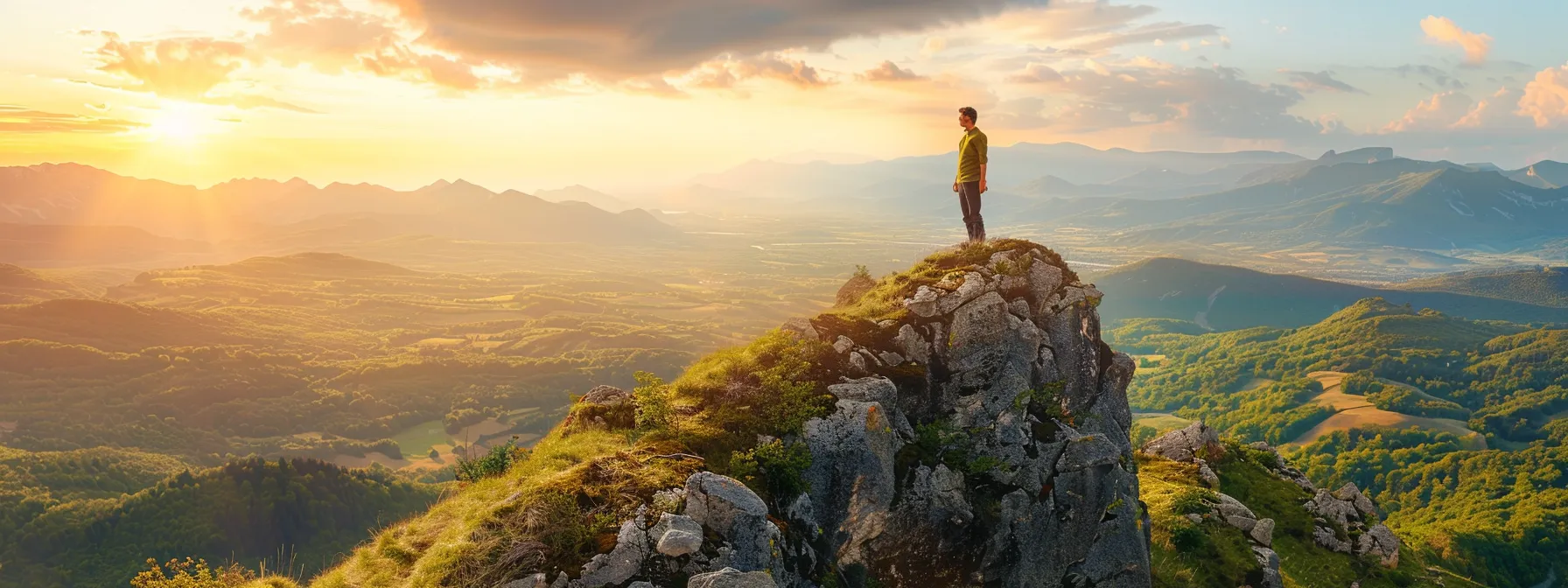 a person standing proudly on top of a mountain, looking out at a vast landscape with a determined expression on their face.