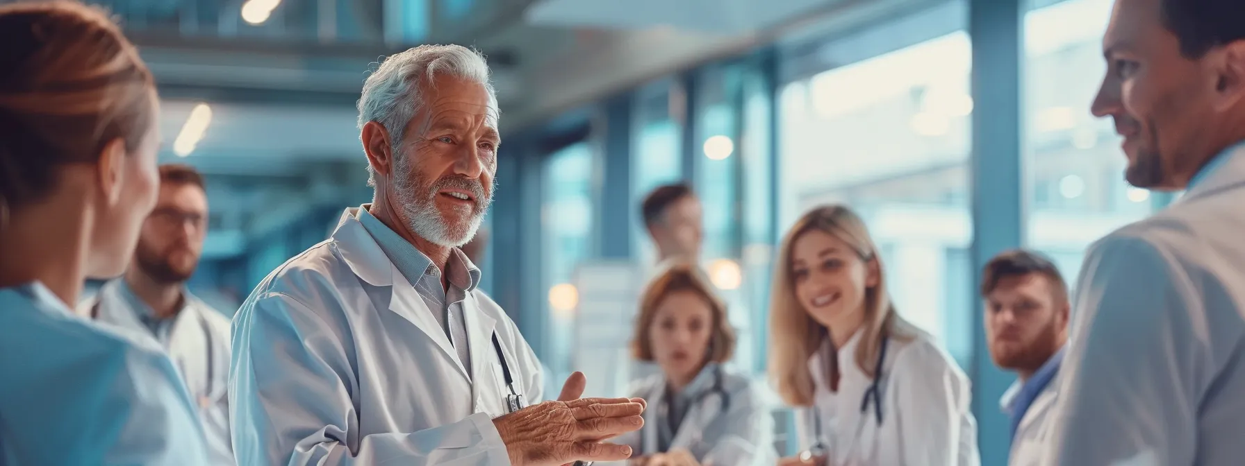 a group of medical professionals discussing seo strategies in a bright conference room.