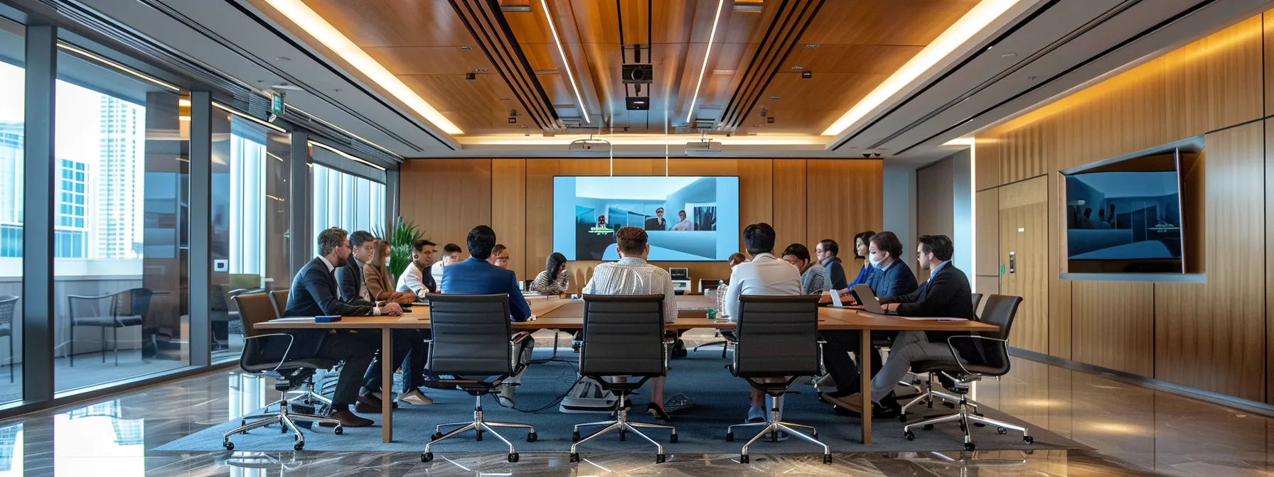 a group of concrete contractors collaborating with industry experts in a conference room.