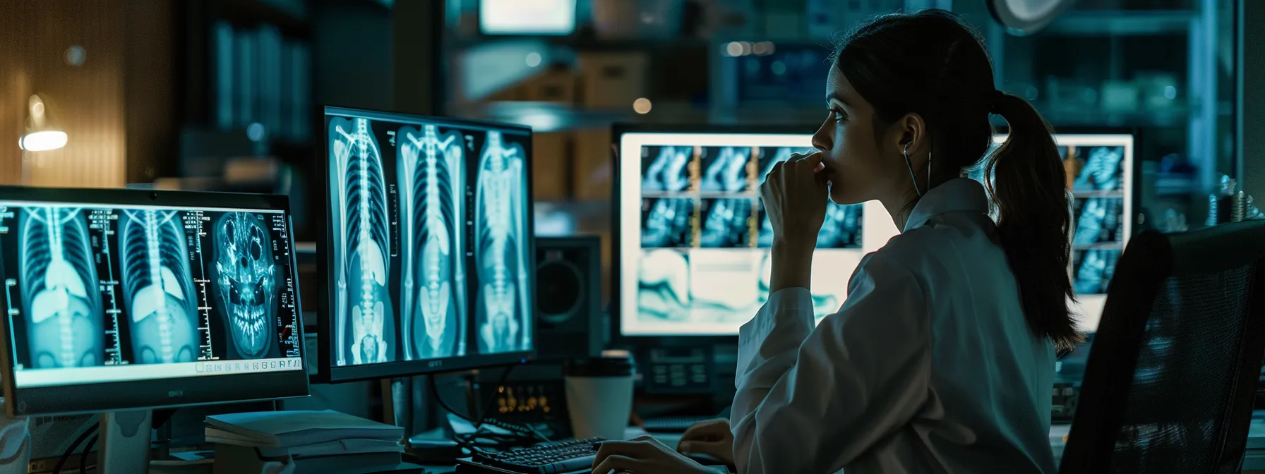 a radiologist analyzing x-ray images on a computer screen.