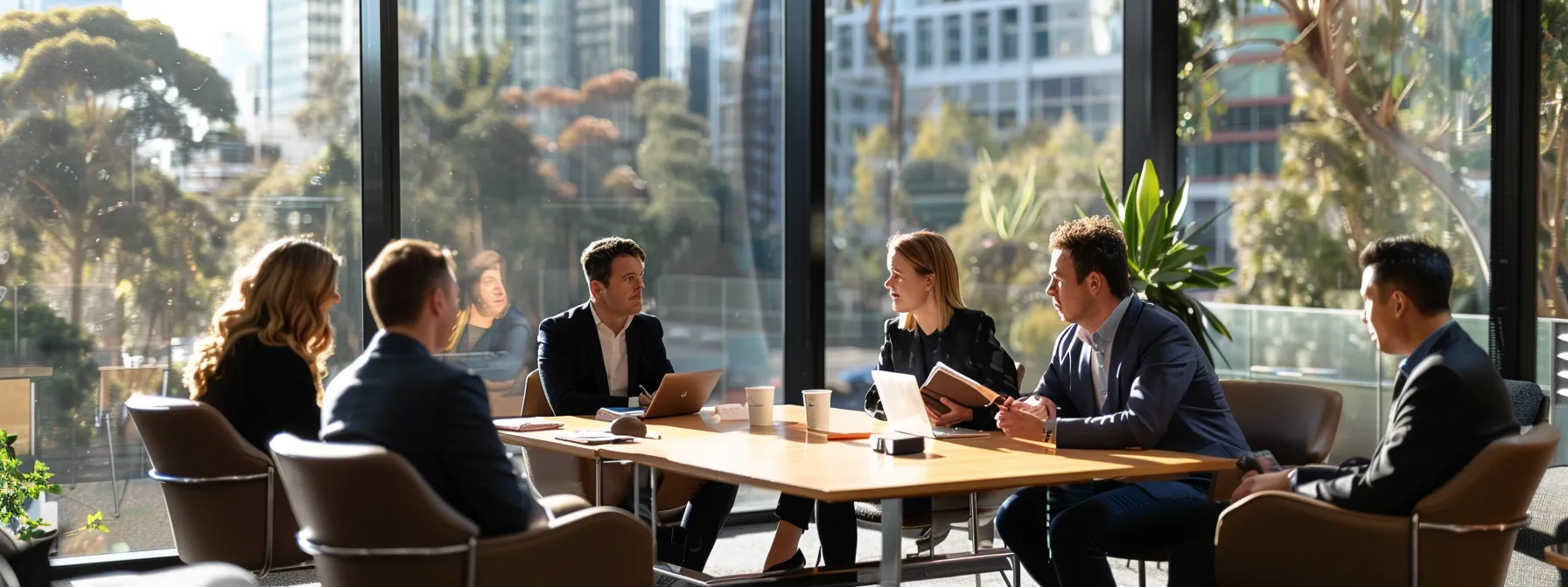 a group of people in a meeting discussing a business strategy in a sleek office setting in melbourne.