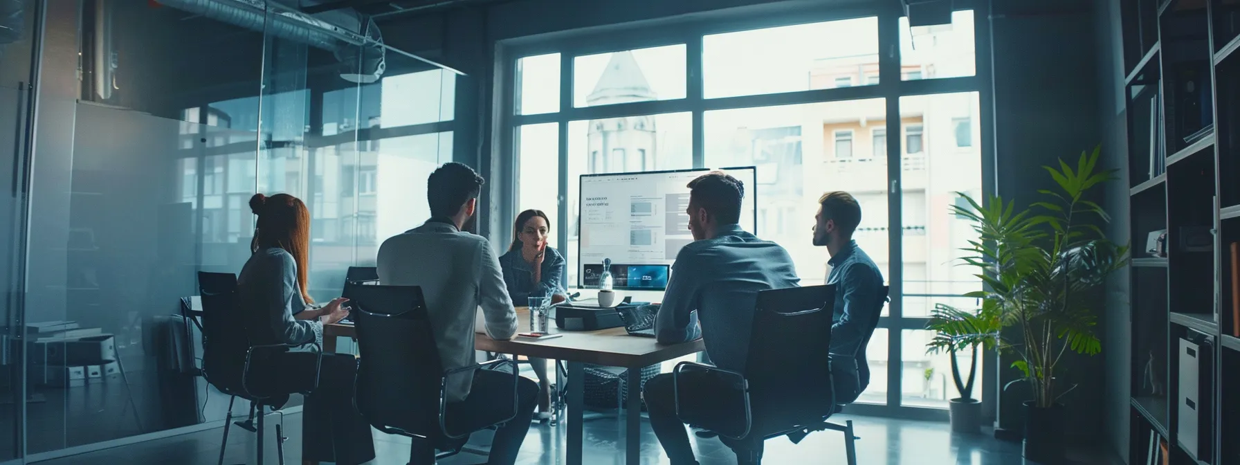 a group of people in a meeting room discussing marketing strategies using a crm system.