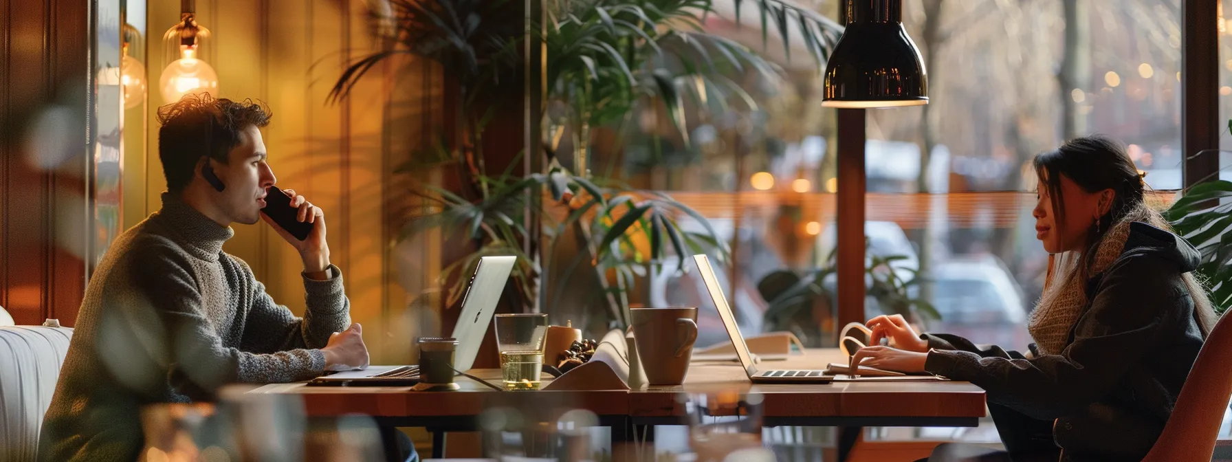 one person on the phone engaging in a conversation, while another person is typing on a computer sending emails.