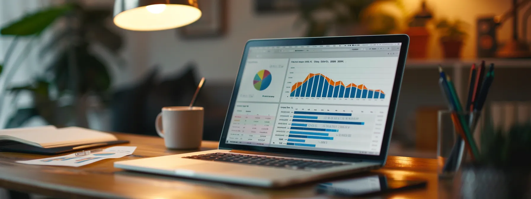 a laptop on a desk displaying a google my business profile for a melbourne-based business, with analytics graphs showing improved visibility.