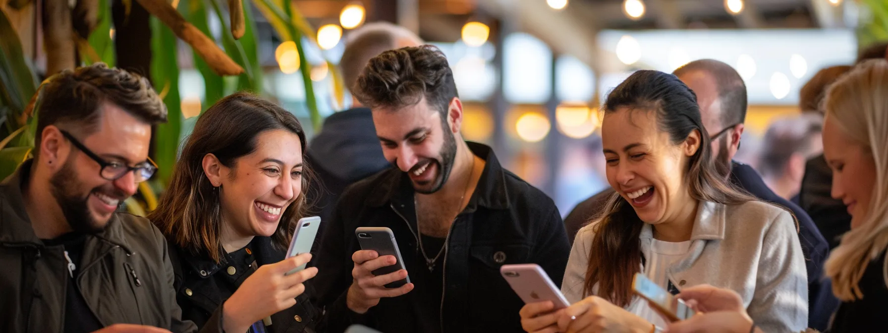 a group of people smiling and using their smartphones to leave positive reviews for a melbourne business on google my business.