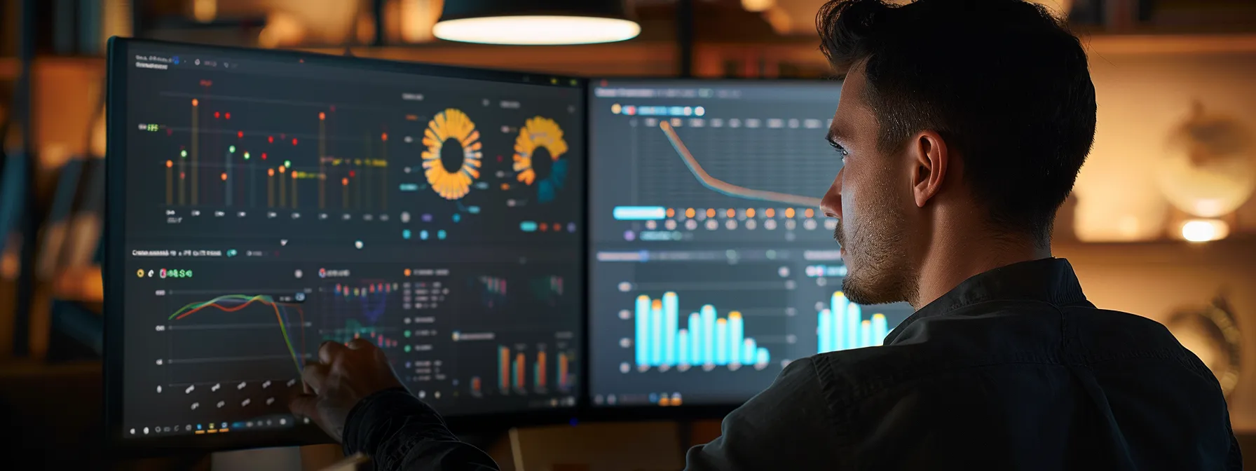 a person analyzing data on a computer screen with charts and graphs displayed.