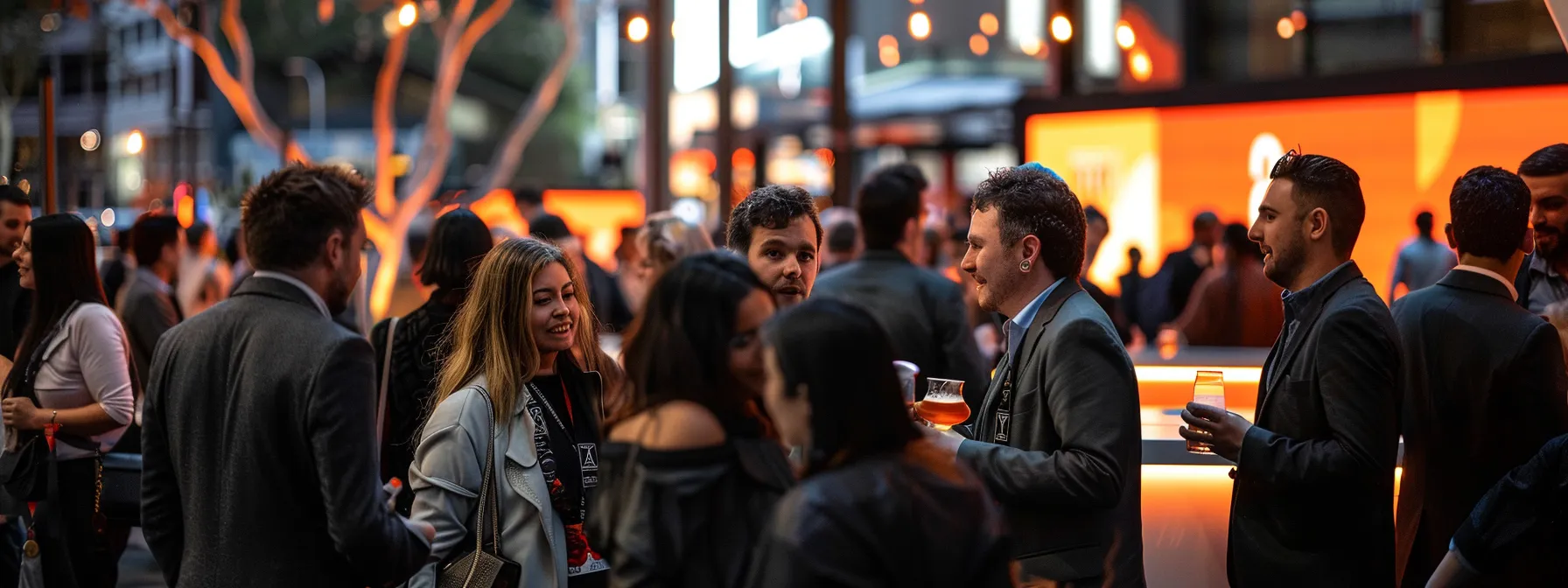 a brand logo displayed prominently at a melbourne event with a crowd of people engaged in activities.