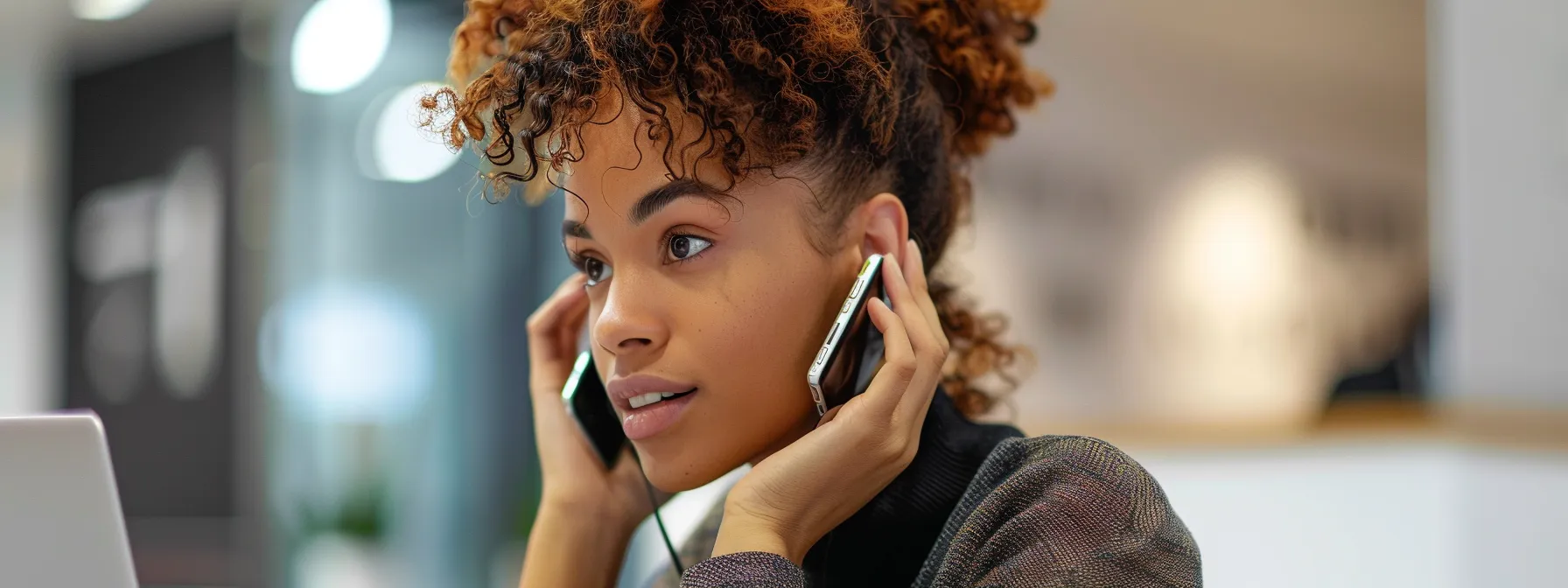 a salesperson listening attentively to a customer's concerns during a phone call.