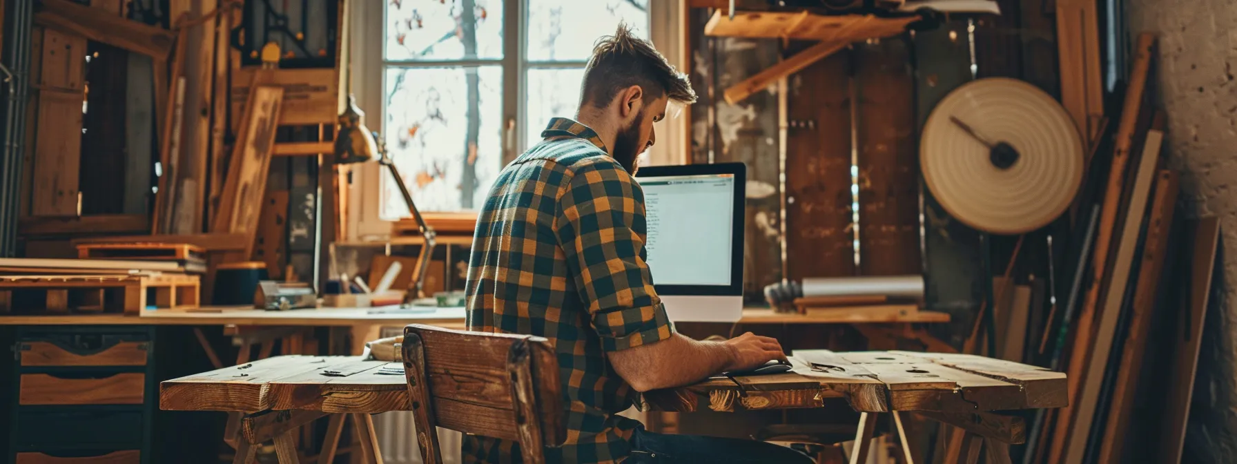 a carpenter using a computer to research and stay updated on the latest seo trends in woodworking.