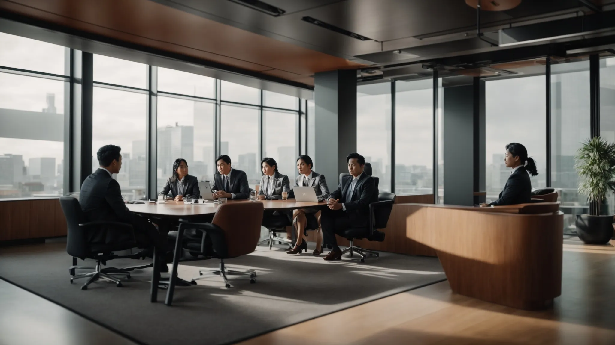 a group of executives discussing strategy in a modern office setting.