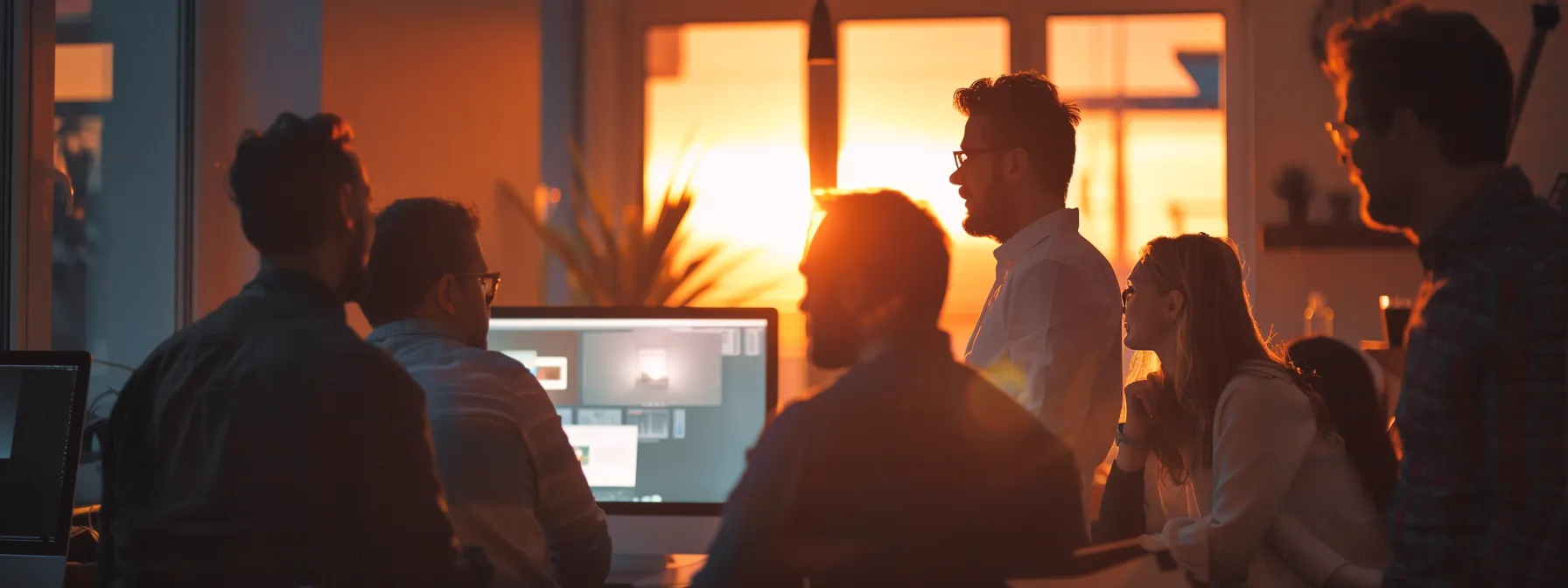 a group of people gathered around a computer screen, discussing social media strategies for lead generation.