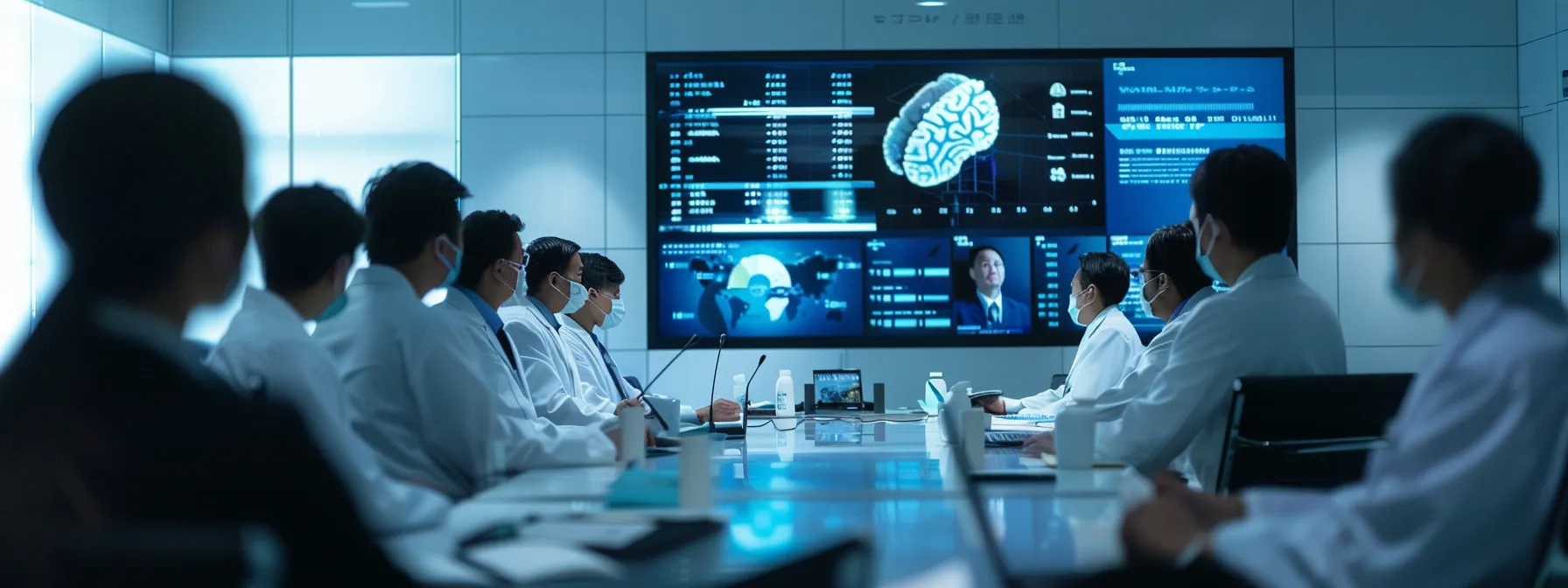 a group of oncologists meeting in a modern conference room filled with high-tech equipment and digital screens, discussing seo strategies for their practice.