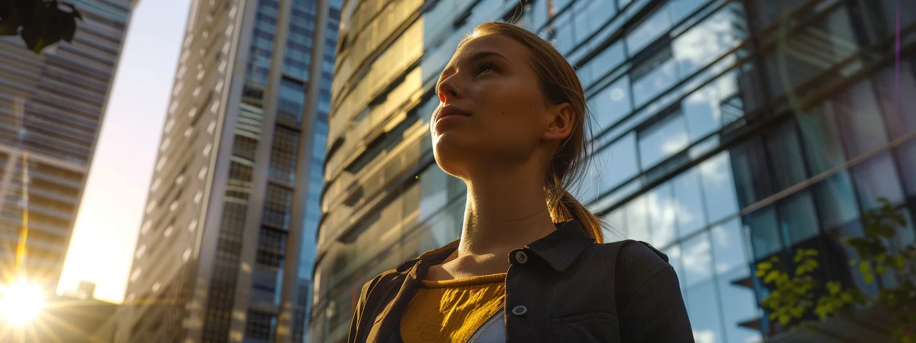 a woman standing in front of a modern skyscraper in melbourne, looking confident and professional.