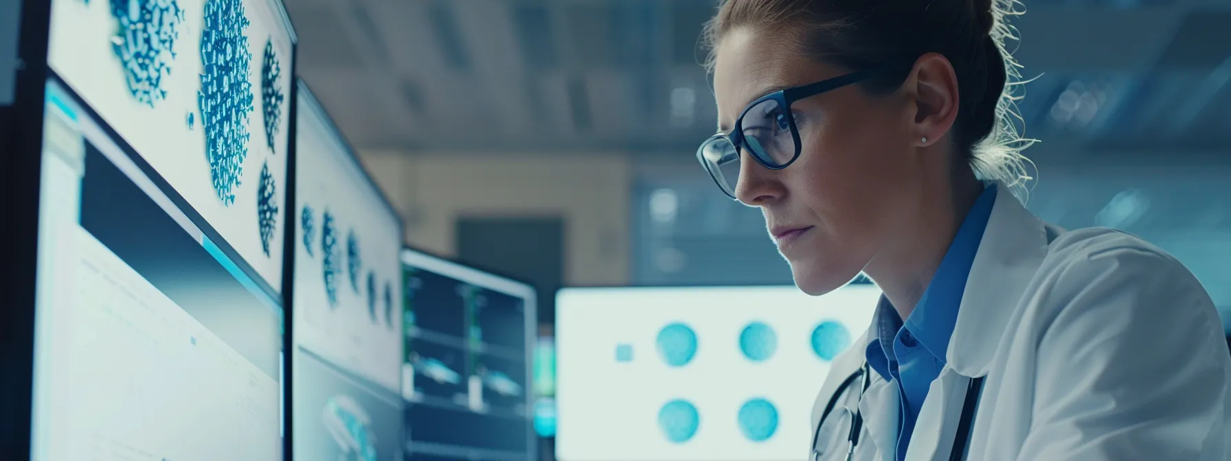 doctors reading positive patient reviews on a computer screen in a modern clinic setting.