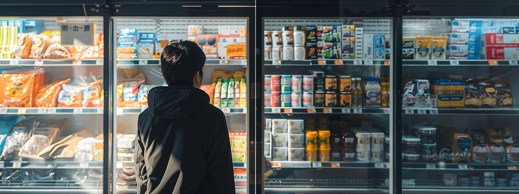 a person hesitating between two products in a store, torn between risk aversion and potential benefits.