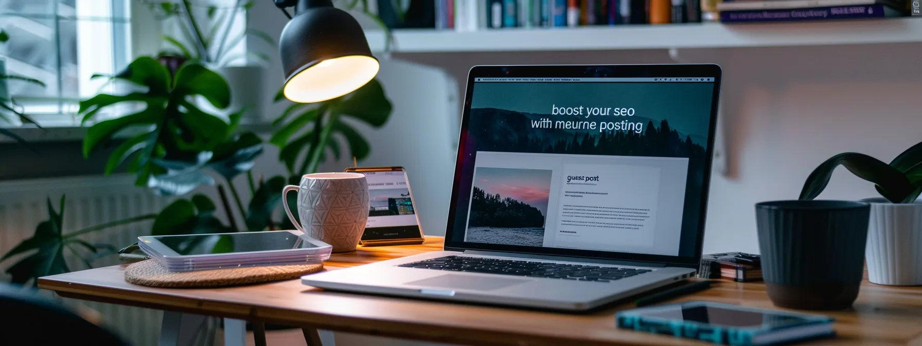 a laptop displaying a website with the headline "boost your seo with melbourne fl guest posting" on the screen.