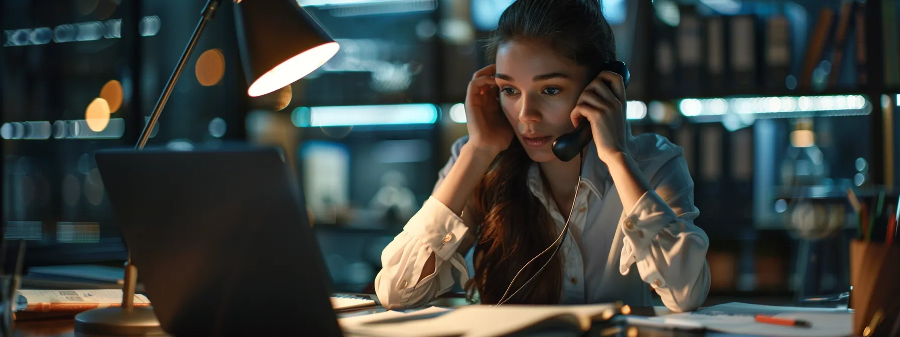 a professional salesperson on a phone call, listening attentively and taking notes while seated at their desk.