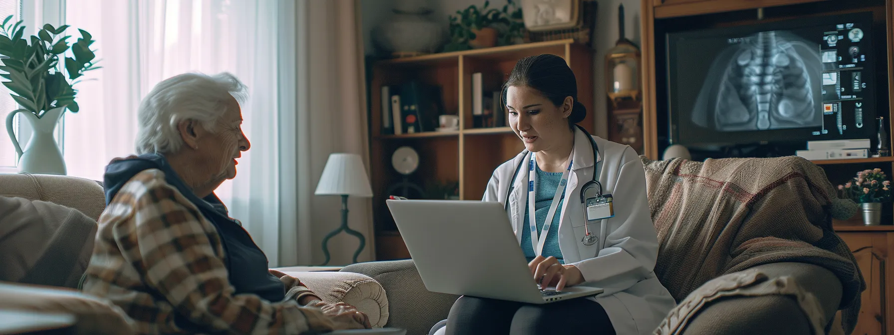 a geriatrician writing a blog post on a laptop with an elderly patient beside them, sharing insights and connecting with their community.