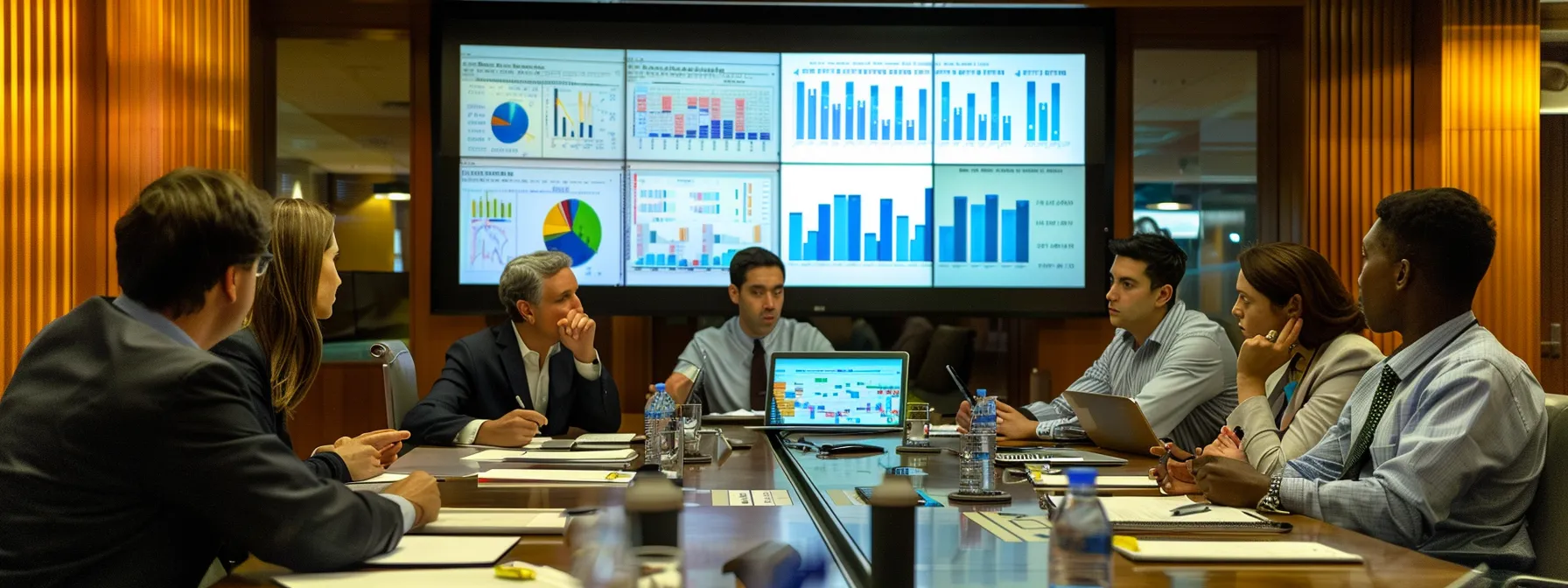 a group of salespeople discussing cold calling strategies around a conference table with charts and graphs displayed on a large screen in the background.