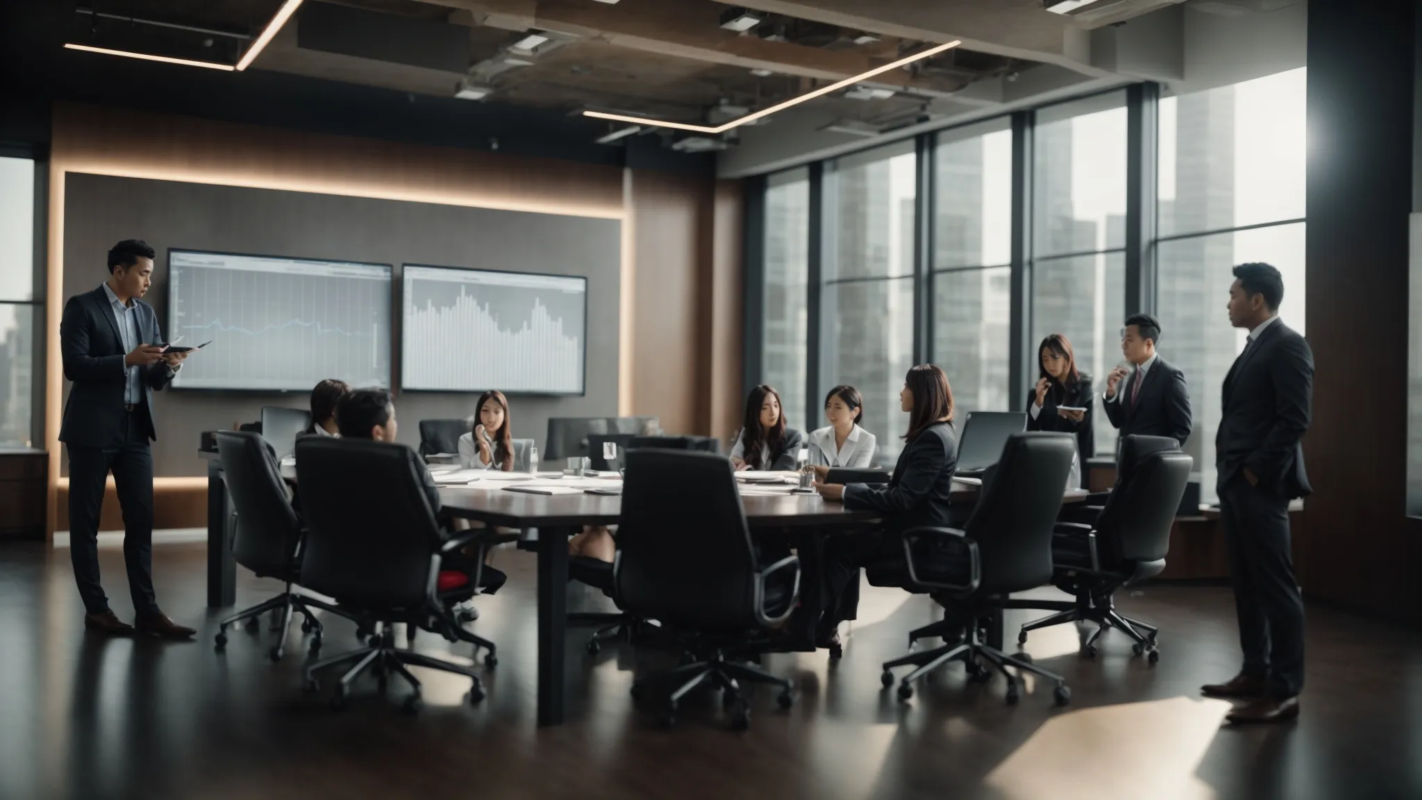 a group of professionals in a conference room discussing charts and graphs related to productivity and performance analysis.