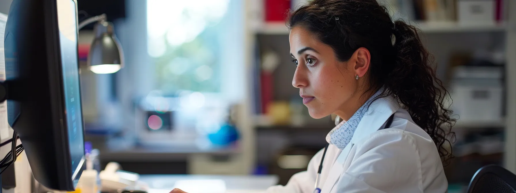 a dietitian sitting at a computer, typing out a blog post about debunking nutrition myths.