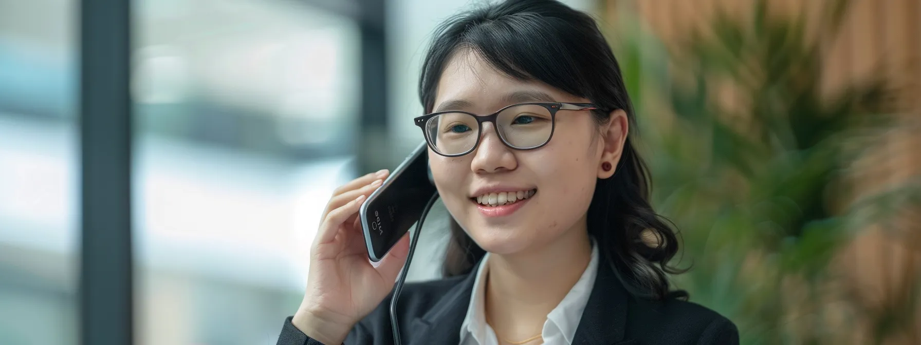 a salesperson confidently engaging with a potential client over the phone, their expressions showing positive rapport building for lead generation.