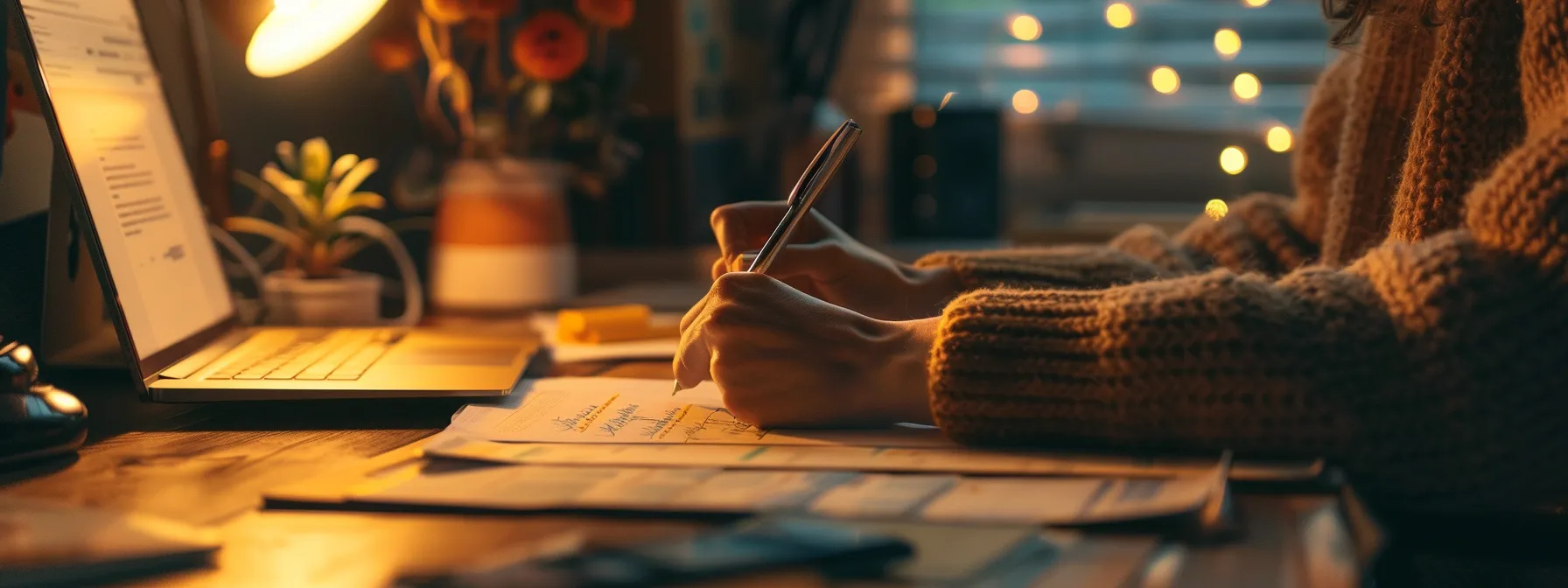 a person sitting at a desk, writing a personalized follow-up email with a thoughtful message and resources attached.