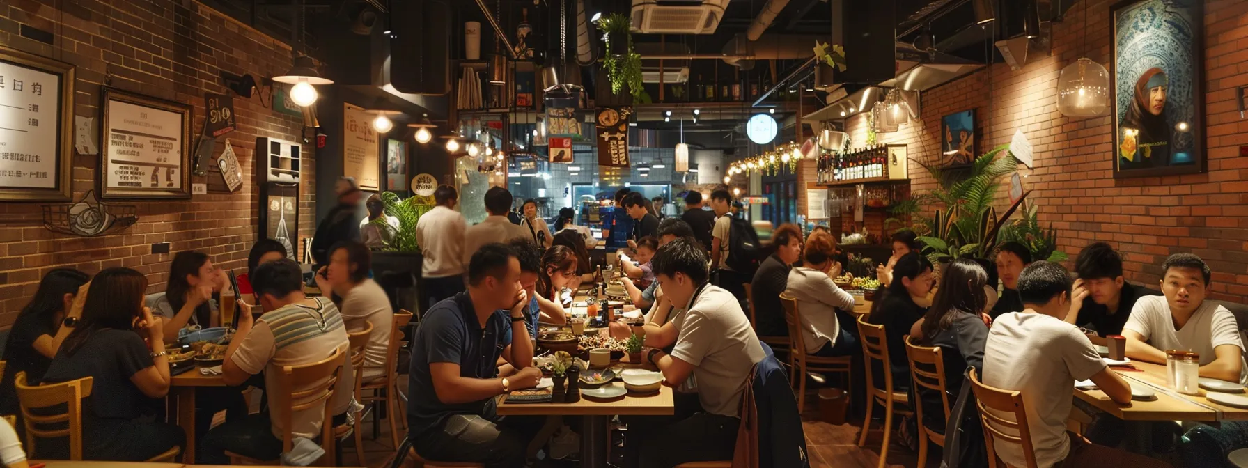 a bustling restaurant filled with satisfied customers enjoying their meals and chatting happily with staff.