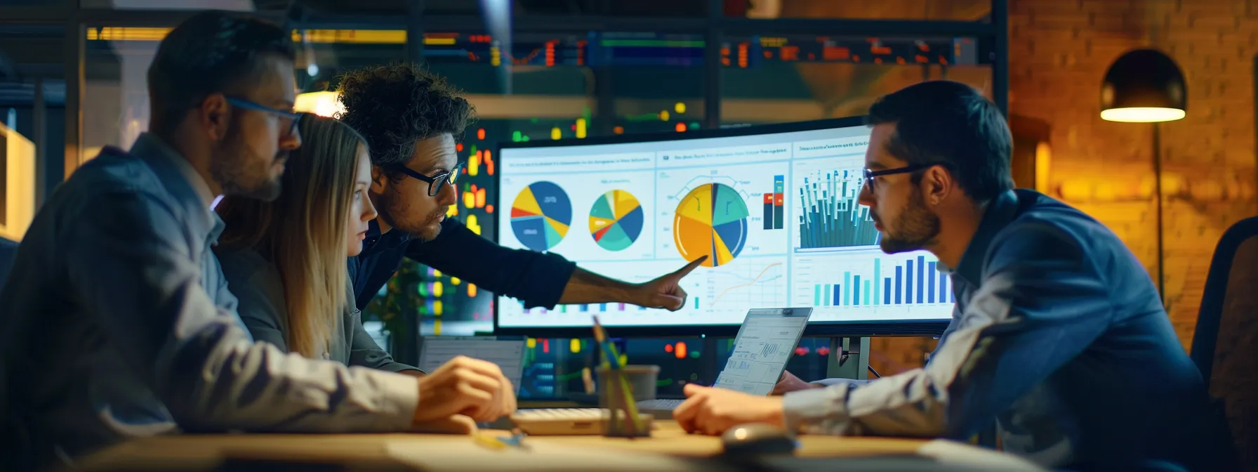 a group of professionals gathered around a computer monitor, discussing data analytics and results from past marketing campaigns.