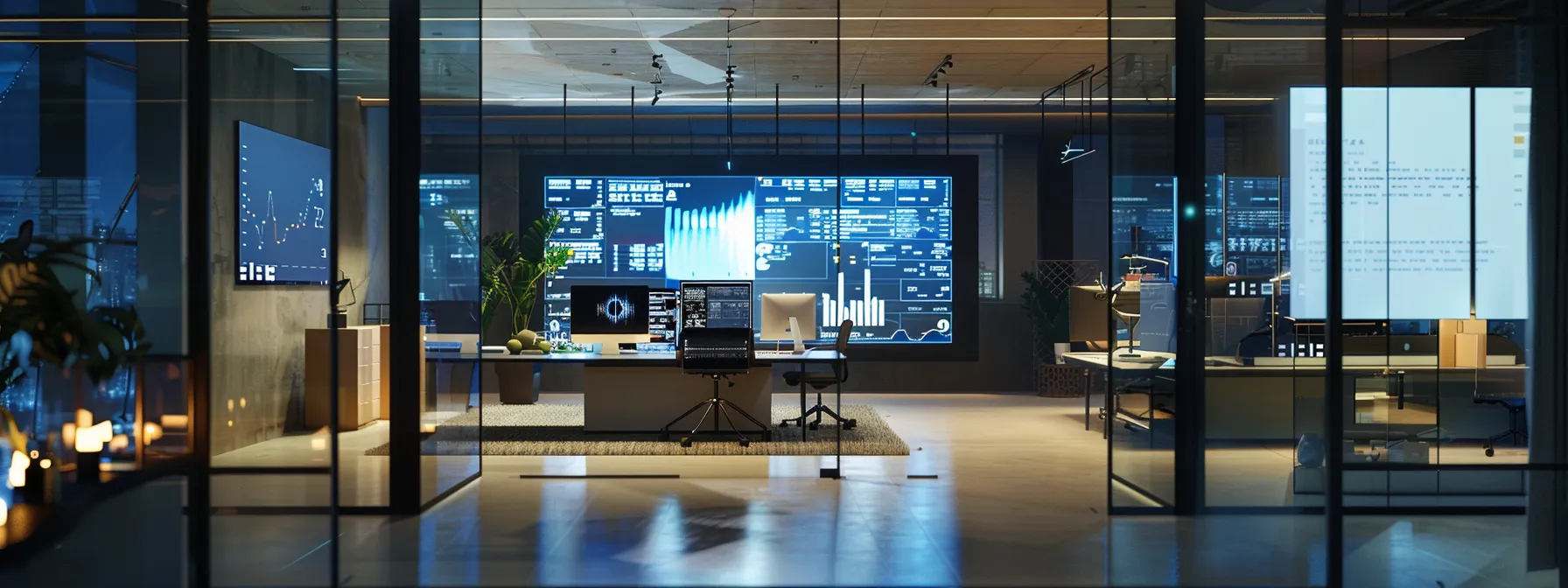 a futuristic office setting with a digital assistant seamlessly managing customer data on multiple screens.