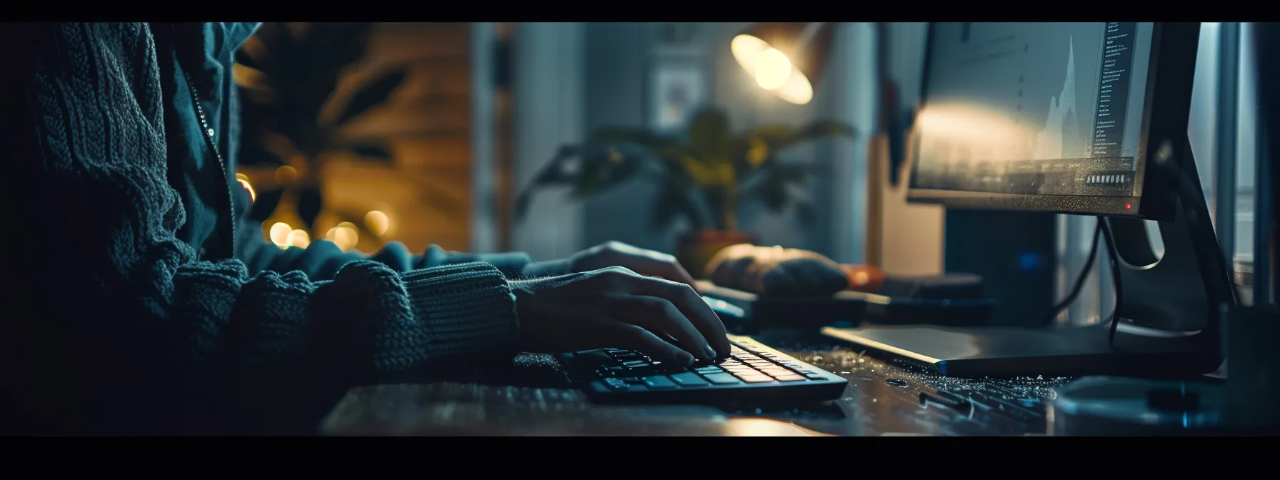 a person typing on a computer, researching and selecting keywords related to bathroom remodeling for seo strategy.