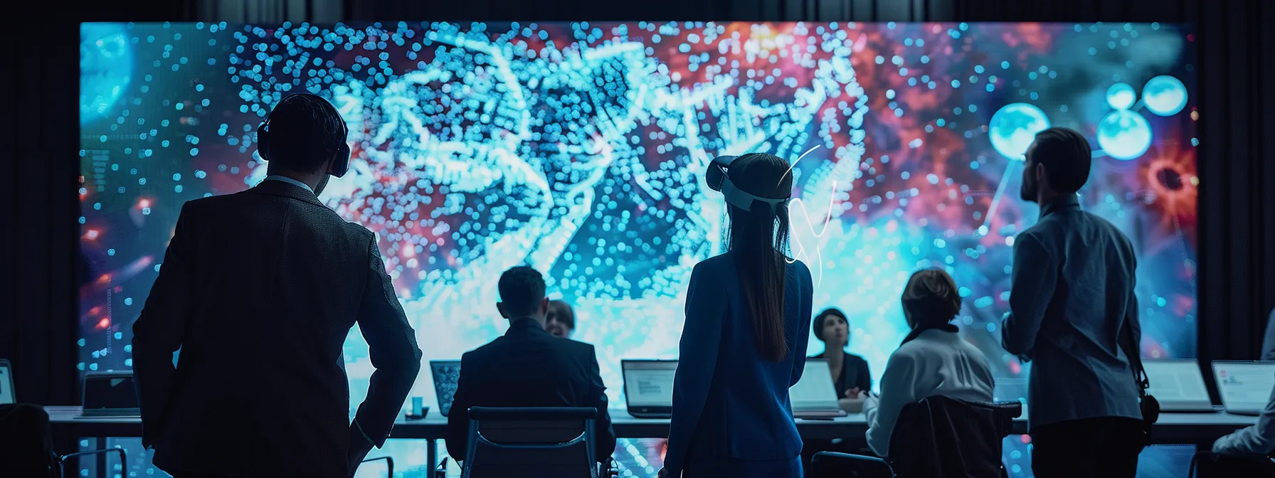 a group of business executives in a brainstorming session, looking at a virtual reality screen displaying futuristic technology and data analytics.