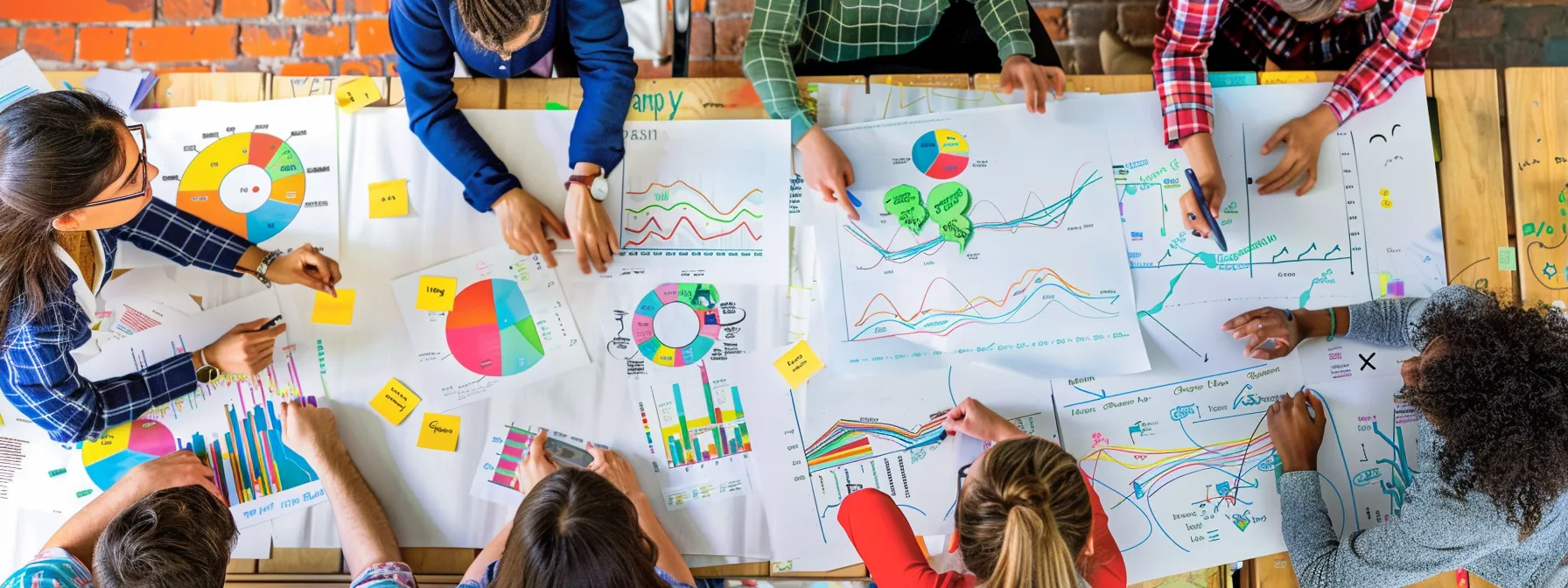 a group of professionals discussing social media strategies around a whiteboard filled with charts and graphs.