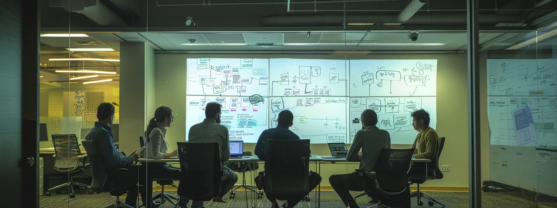 a content marketing team brainstorming ideas in a conference room filled with whiteboards and charts.