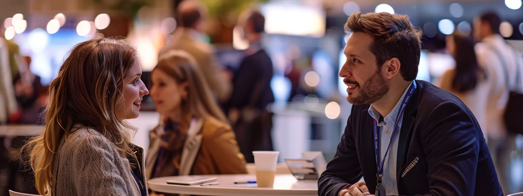 a sales team member engaging in a conversation with a potential client at a professional event.