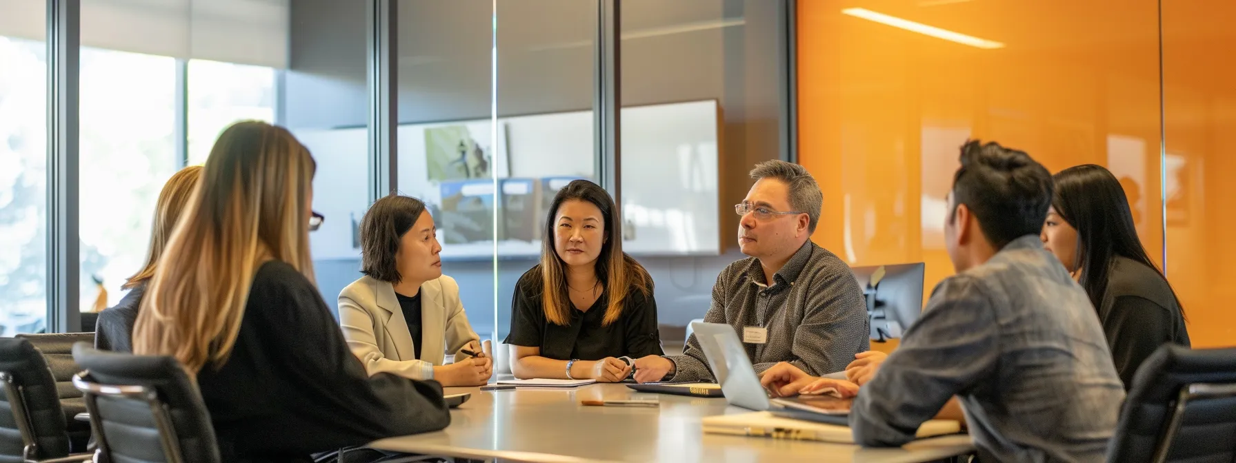 a group of digital marketing experts brainstorming new backlink strategies in a modern office setting.