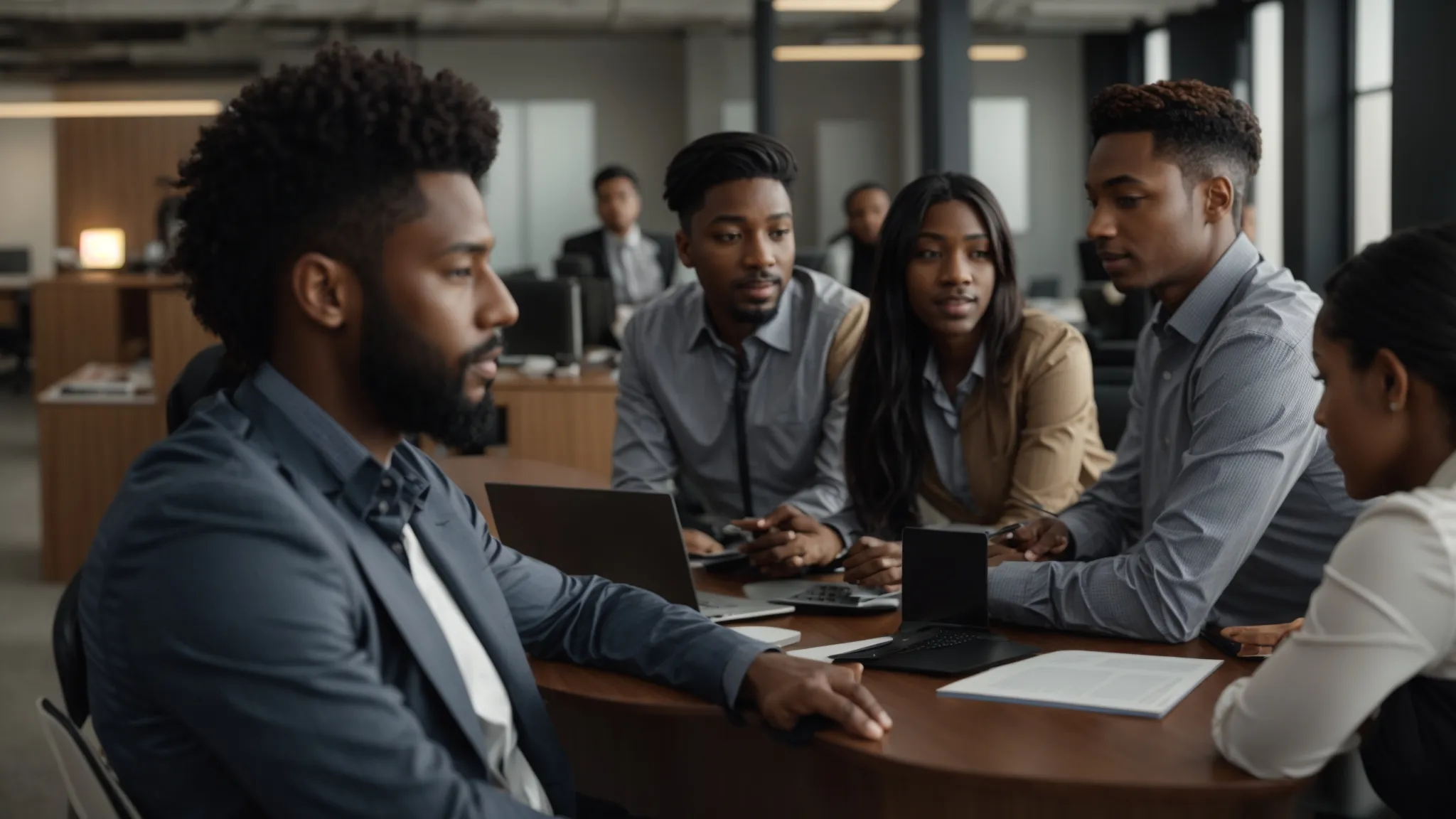 a group of diverse professionals in a modern office setting, engaged in enthusiastic discussion and collaboration.