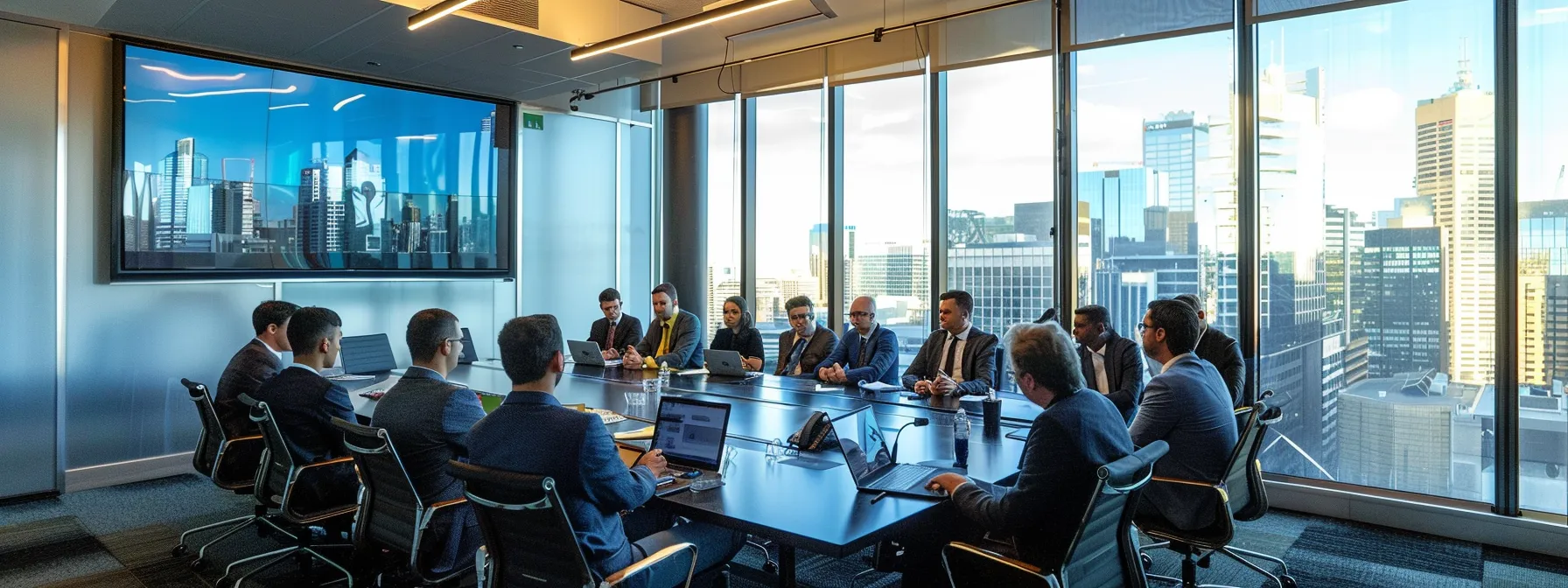 a group of professionals in a boardroom discussing online reputation monitoring strategies in melbourne.