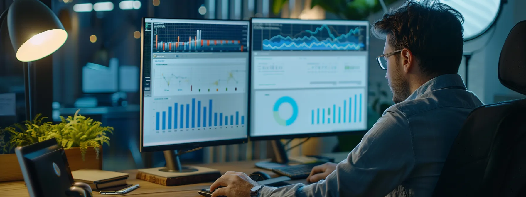 a person monitoring website analytics on a computer in a modern office setting.