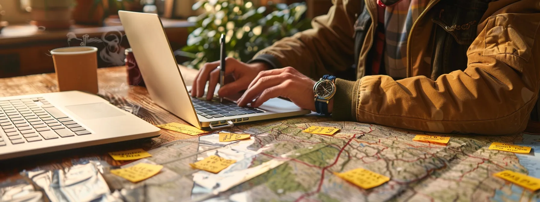 a person typing on a laptop while looking at a map of a local area, surrounded by sticky notes with keywords and phrases written on them.