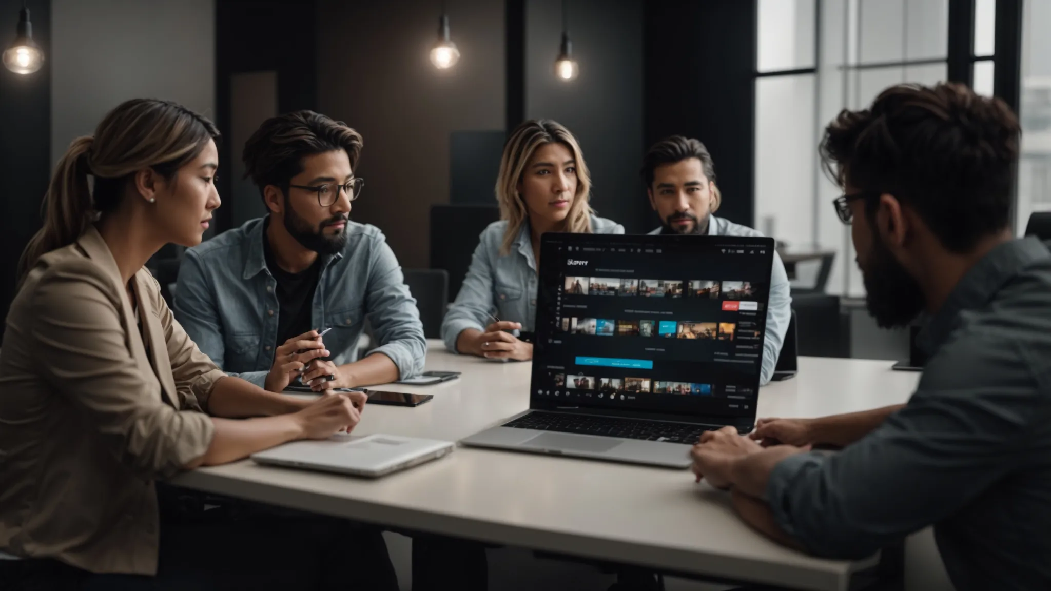 a group of marketers brainstorming creative email personalization strategies in a modern office setting.